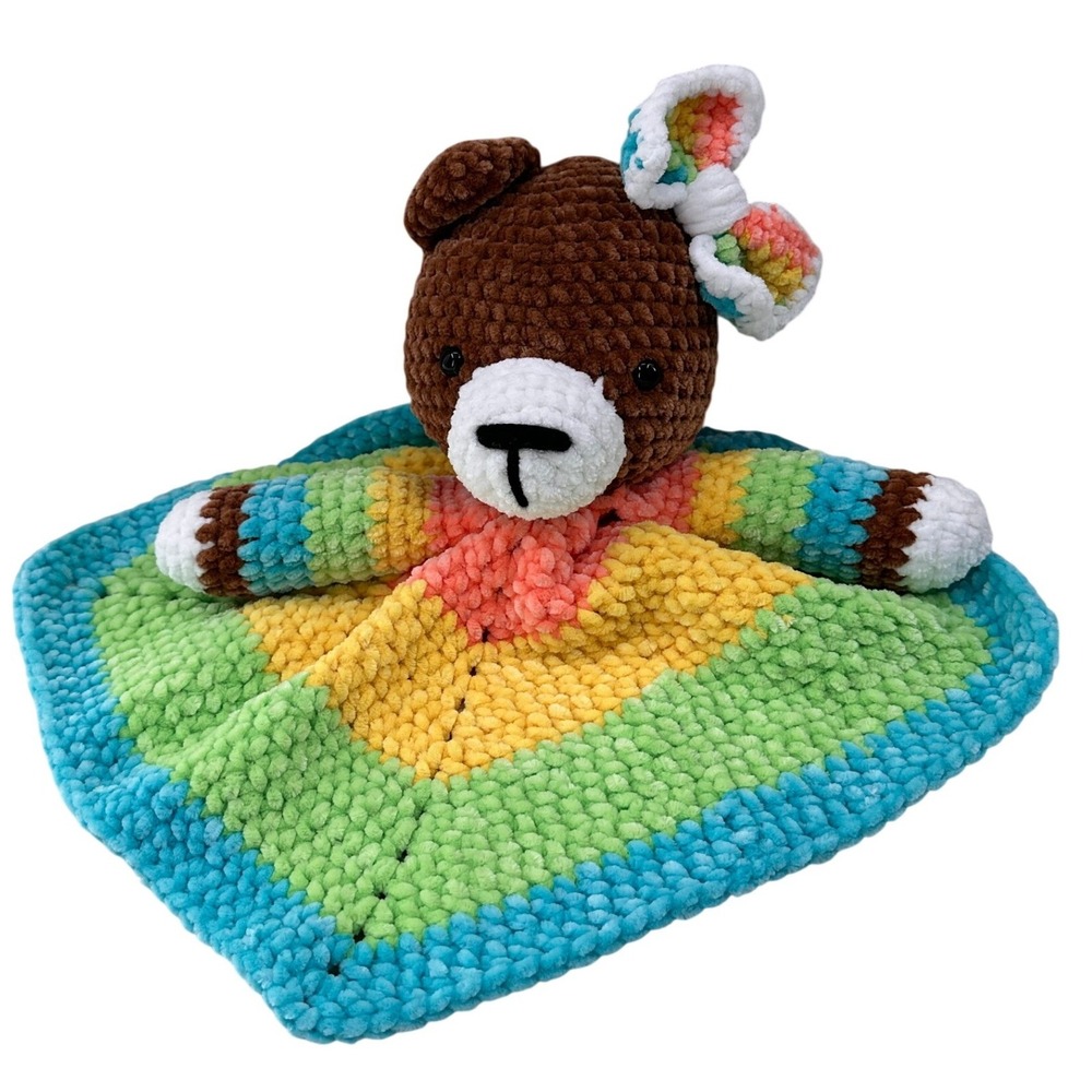 Handmade Crochet Rainbow Bear Lovey Security Blanket Brown Teddy Chenille Plush